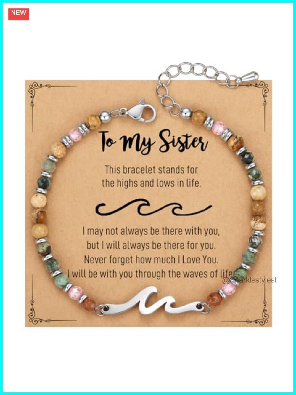Wave Bracelet 316L Stainless Steel Natural Stone Beaded Adjustable Women Sister